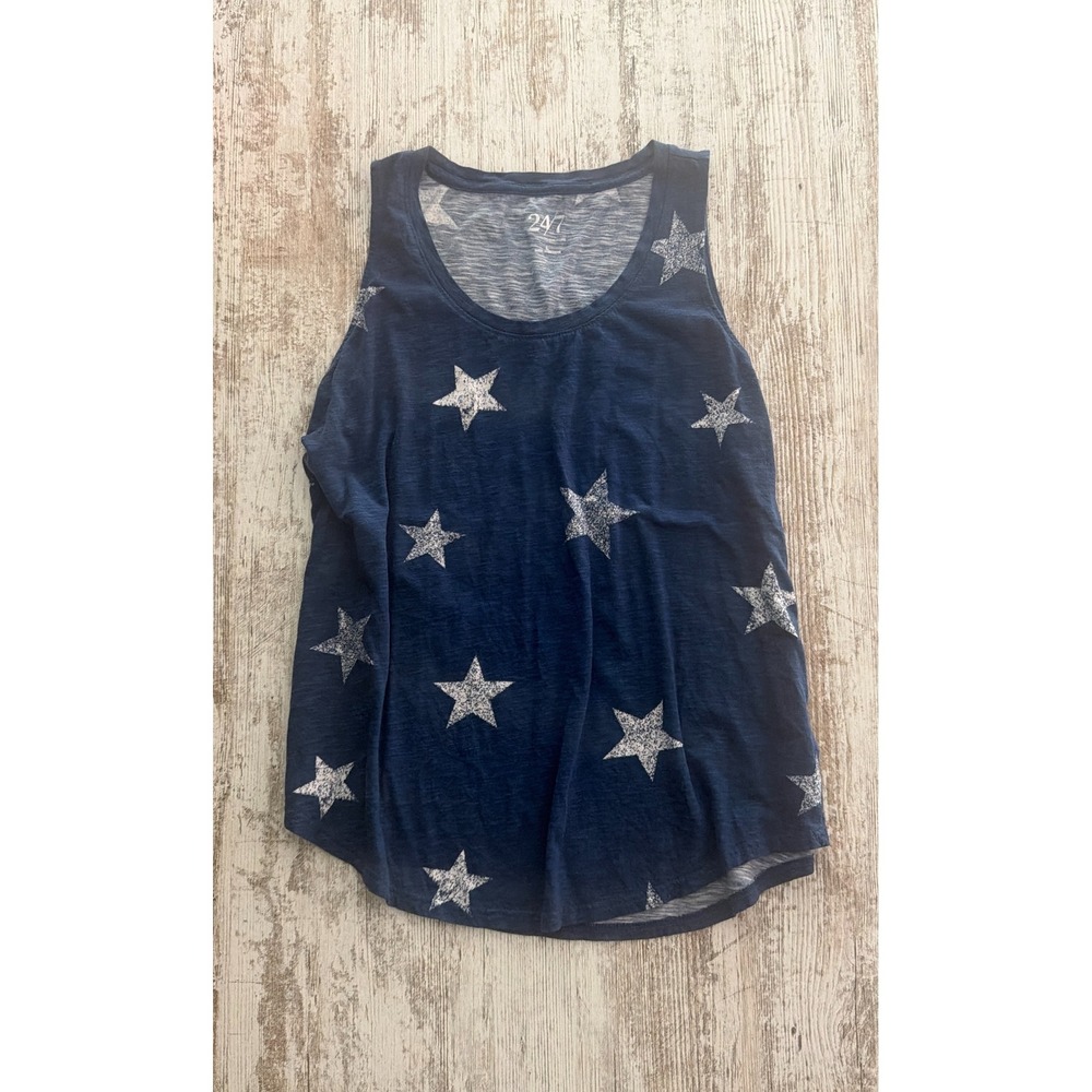 24/7 by Maurices Womens Navy Blue Distressed Star Print Slub Knit Tank Top L